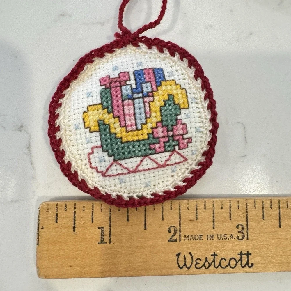 Vintage Cross-Stitch Christmas Ornaments Cottage Core Round Lot 90s Handmade